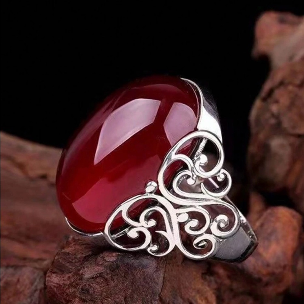 Blue Agate Hollow Carved Silver Tone Ring size 7 Adjustable - Picture 2 of 2